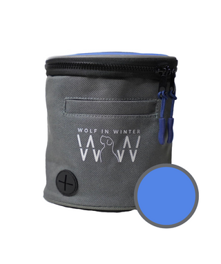 Gray dog treat pouch with blue zipper and Wolf in Winter logo on a white background
