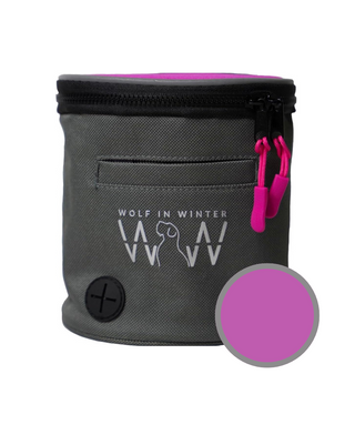 Gray dog treat pouch with pink accents and 'Wolf in Winter' branding on a white background