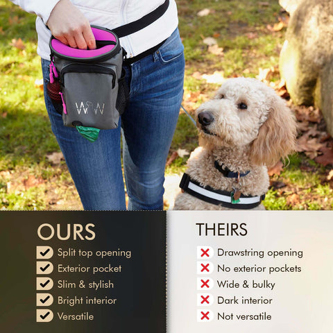 Woman wearing pink raspberry and grey Wolf in Winter dog treat training bag, with dog beside her.  Below is a comparison of Wolf in Winter bags and other bags.  Wolf in Winter has a split top opening, exterior pocket, it's slim and stylish, has a bright interior and is versatile.  Other bags use drawstring openings, have no exterior pockets, they are wide and bulky, have dark interiors and are not versatile. 