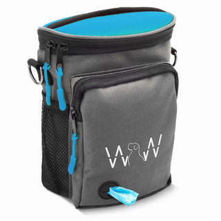 Grey Wolf in Winter dog treat training bag with bright blue alpine top